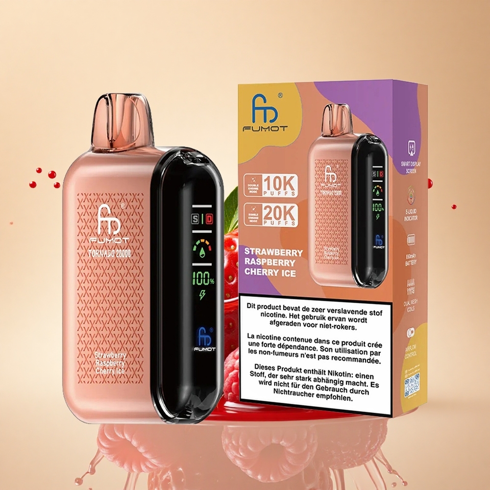 Fumot Tornado 20000 Puffs Полунична Малинова Вишнева Крига з Dual Mesh Coil та Smart Display