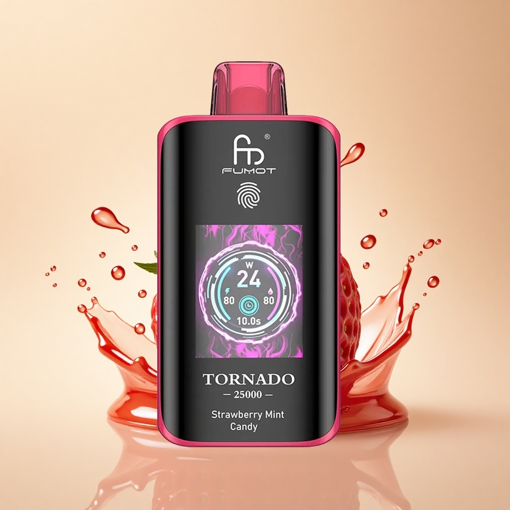 Fumot Tornado 25000 Puffs Полунична м'ятна цукерка з HD екраном та 700mAh акумулятором
