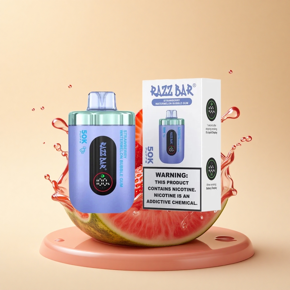 Razz Bar 50K Puffs Полунично-кавуновий жувальний гум з 2% нікотину та Type-C зарядкою