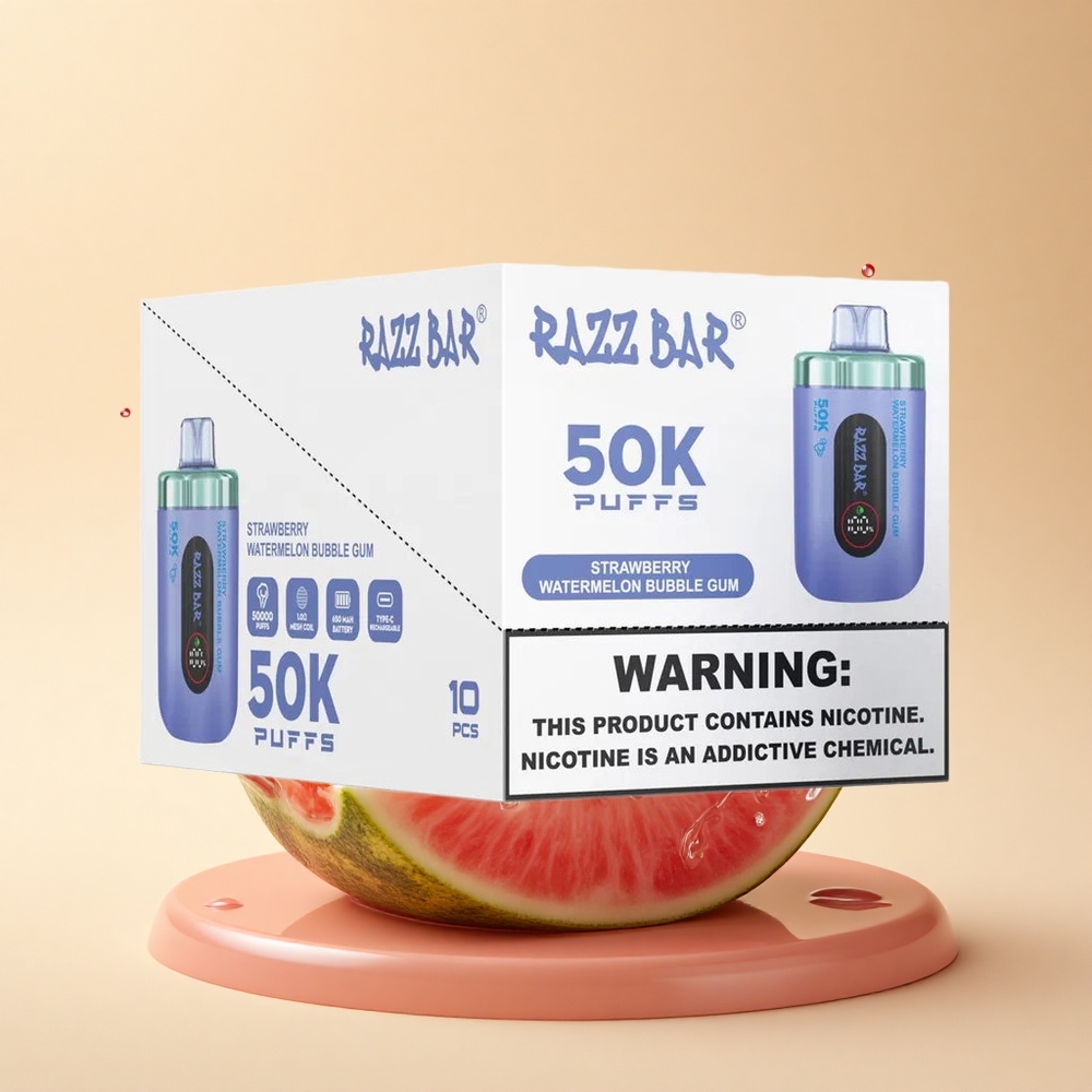 Razz Bar 50K Puffs Полунично-кавуновий жувальний гум з 2% нікотину та Type-C зарядкою
